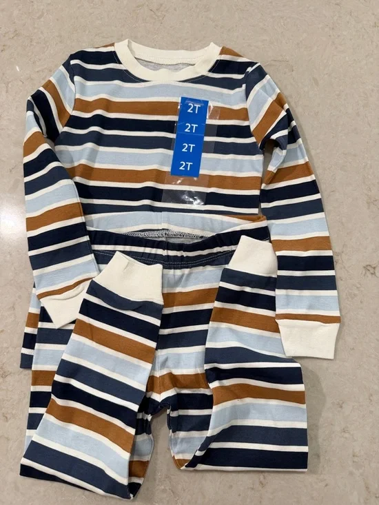 Toddler Striped Long Sleeve Pajama Set - Blue, Navy & Brown - 2T NWOT - Picture 1 of 3